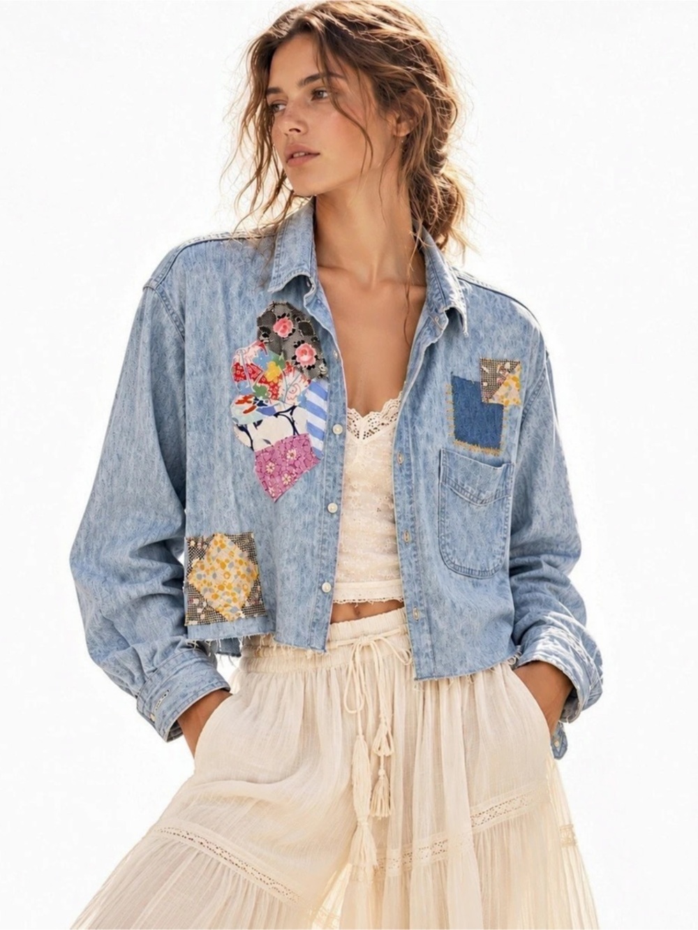 Upcycled Denim Shirt Patchwork Cropped Jean shirt